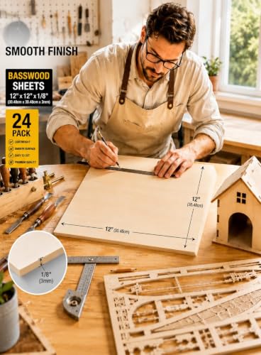 Basswood Sheets 12x12 in, 1/8 Inch Thick 24 Pack Unfinished Square Wood Boards for Laser Cutting, Wood Burning, Engraving, Painting, DIY Crafts, Model Making, CNC, and Architectural Projects