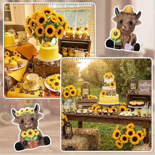 Yaomiao 60 Pcs Mini Fall Highland Cow Figurines Mini Sunflower Resin Cow - style: Sunflower