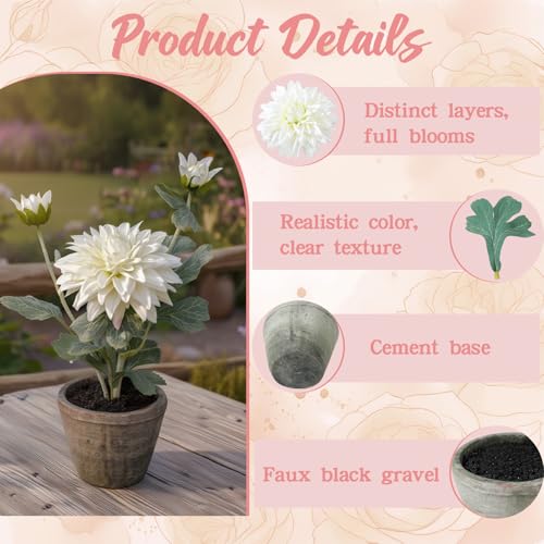 White Artificial Dahlia Flowers in Pot, Faux Floral Decor - color: Dahlia White