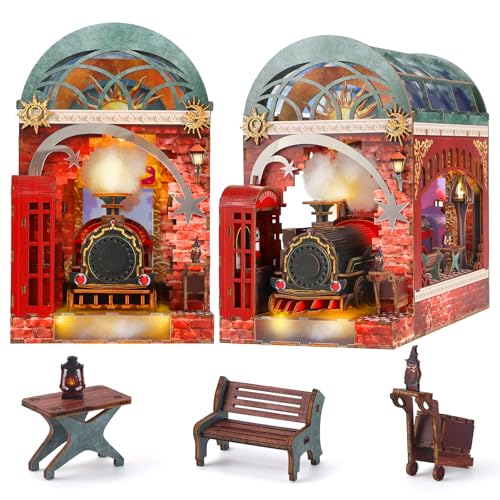 3D Wooden Puzzle for Adult, 3D Puzzle DIY Miniature House Kit for Adult, Booknook with LED Light, 3D Wood Puzzle Gifts for Family, Friend, Bookshelf Decor (The Enchanted Express) - color: The Enchanted Express