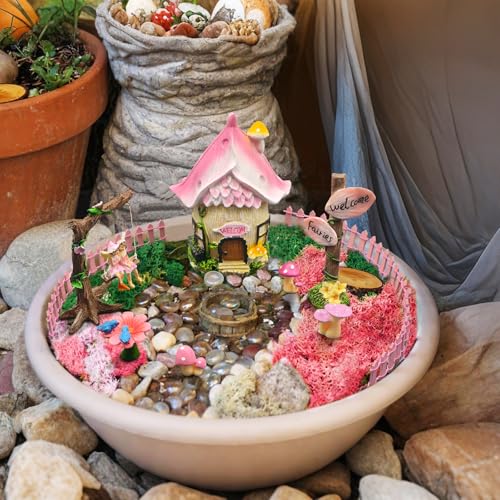 DONABELA Fairy Garden Decor Kit Pink Resin Miniature House Figurines Set Swing Directional Sign Bird Drinking Pool Fence Little Mushroom Outdoor Tiny Accessories Supplies - style: Petal house