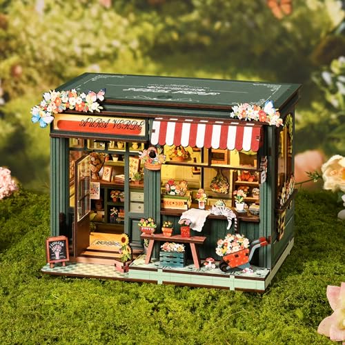 DIY Miniature House Kit for Adults & Teens, Flower Shop Scene Mini House Decor with Touch Switch Light, 3D Wooden Puzzle Gift for Book Lovers & DIY Fans (Aura Verde) - style: Aura Verde