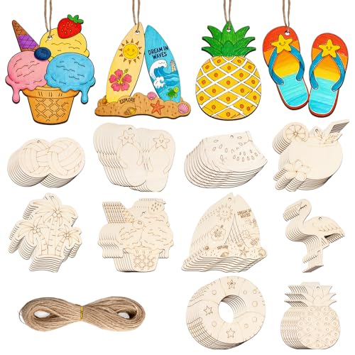 80PCS Unfinished Ornament Wood Crafts, Painting Blank Wooden Cutouts - color: Summer