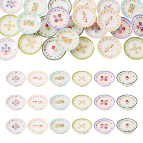 FASHEWELRY 24Pcs Mini Plates Dollhouse Miniature Accessories Resin Plate with Flower Pattern Playhouse Dishes Kitchen Tableware Models for Micro Landscape Decoration Pretend Kitchen Play Game - color: Round Plate With Floral