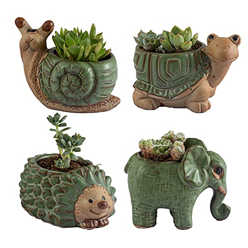 Small Succulent Pots with Drainage, Indoor/Outdoor Ceramic Animal Planter, Cute Cactus/Bonsai Small Flower Pots for Home Decor and Office Desk Decoration, A Set of 4 Pieces is Suitable as A Gift