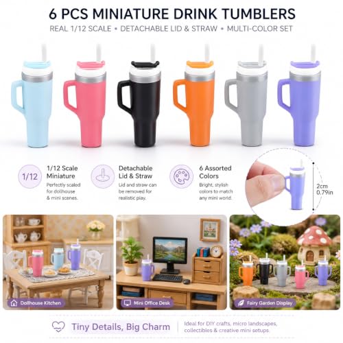 6 Pcs Miniature Drink Tumblers with Detachable Lid & Straw – Realistic 1/12 Scale Dollhouse Thermal Cups, Multi-Color Set for DIY, Micro Fairy Garden,Office Display & Collectible Mini Ornaments