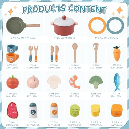 Wooden Play Kitchen Accessories, Pretend Play Food for Kids with Dishes