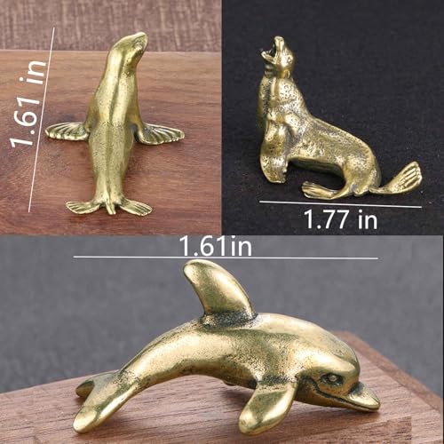 3Pcs Vintage Solid Brass Miniature Animal Figurine Desk Animal Ornament for Pet Enthusiasts Exquisite Collectible and Home Décor Accent (Sea Lion+ Dolphin +Seal) - color: Sea Lion+ Dolphin +Seal