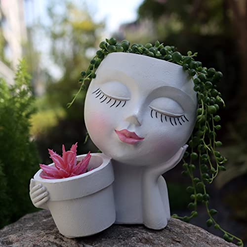 Head Planter Face Flower Pot, Dolkgy Woman Face Planter Unique White Head Planters for Indoor Outdoor Plants, Novelty Plant Pot Cute Lady Head Vase with Drainage Hole for Home Garden Succulents Cactus - color: C1-white