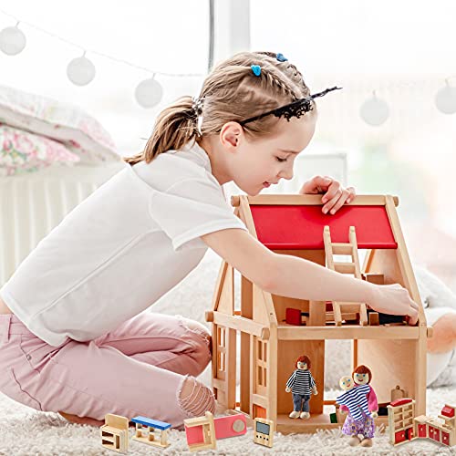 Sumind 35 Pcs Wooden Dollhouse Furniture with 8 Family Figures, Montessori Educational Wood Dolls House Accessories for 1:12 Scale, Preschool Imaginative Play Kit for Girls and Boys - style: Classic Style