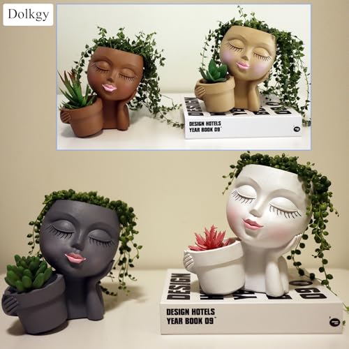 Head Planter Face Flower Pot, Dolkgy Woman Face Planter Unique White Head Planters for Indoor Outdoor Plants, Novelty Plant Pot Cute Lady Head Vase with Drainage Hole for Home Garden Succulents Cactus - color: C1-white