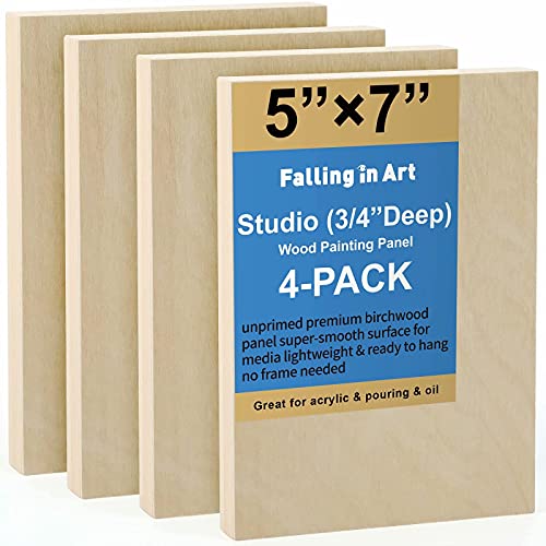 Falling in Art 4 Pack 5x7’’ Unfinished Birch Wood Panels Kit for Painting - size: 5'' x 7'' Studio