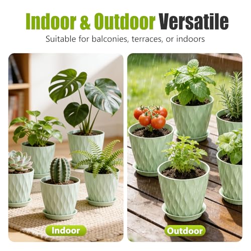 8 Inch Plastic Plant Pots,Set of 5 Flower Pots,Planters with Drainage Holes & Saucers, Indoor Outdoor Garden Pots for Home Decor(Green) - color: Green