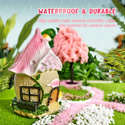 DONABELA Fairy Garden Decor Kit Pink Resin Miniature House Figurines Set Swing Directional Sign Bird Drinking Pool Fence Little Mushroom Outdoor Tiny Accessories Supplies - style: Petal house