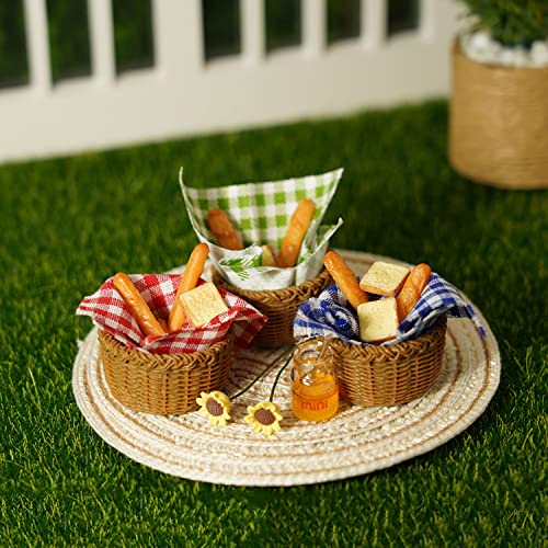 Miniature Food Dollhouse Accessories Garden Decor 1:12 Scale Bread Honey Picnic Basket Cloth Flowers 9PCS Garden Decoration Mini Room Display Props Model (Red Picnic Cloth) - style: Red Picnic Cloth