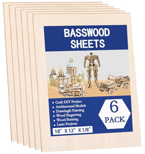 6 Pack Basswood Sheets for Crafts 12x18x1/8 Inch, 3mm Thick Unfinished Balsa Wood Sheet for Laser Cutting & Engraving, DIY Ornaments and Architectural Model - size: 12"x18"x3mm