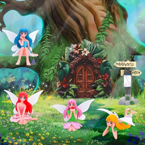 ONEST 6 Pieces Miniature Fairy Garden Accessories Small Fairy Figurines Hand Painted Fairies Figures for Car Decor Garden Flower Pot Birthday Cake Topper - style: Fairy and Door B