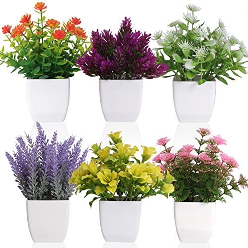 Yoratee 6 Pack Small Fake Plants Mini Artificial Faux Flowers with Pot Mini Potted Plants for House Office Desk Tabletop Decoration - color: A-colorful-6pcs