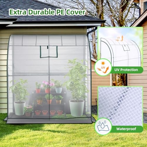 Lean to Greenhouse with 3-Tier Shelves: Ohuhu Portable Walk-in Wall Mounted Green House with Mesh Windows, 79"x39"x83" Reinforced Lean-to Wall Greenhouses with 2 Roll-Up Zipper Doors for Outdoors - color: White, size: 6.6' x 3.3' x 7'
