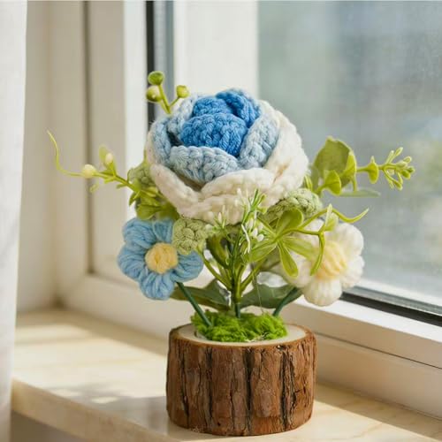 Crochet Blue Rose Flowers Bouquet for Women Office Desk Decor - color: Gradient Blue Roses