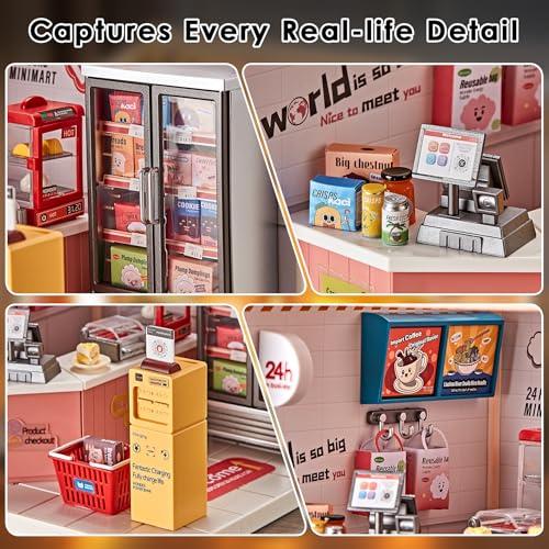 24-Hour Convenience Store DIY Miniature House Kit with Roof & LED Light, Stackable & Connectable Dollhouse Kit with Dustproof Doors, Creative DIY Crafts Building Toy Gift for Adults Teens - color: Convenience Store, size: Meduim