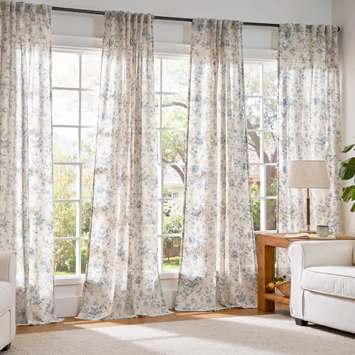 jinchan Linen Curtains 90 inch Blue Floral Farmhouse Rod Pocket 2 Panels - color: Amlie Blue, size: 50"W x 90"L (Pack of 2)