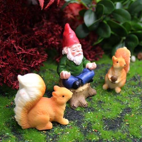Miniature Garden Gnome with Squirrels, Meditation Fairy Garden Decor Set, 3 inch Tiny Gnome Figurine with 2 inch Squirrels, Plant Pot Decor 3-Piece - style: Meditation Gnome with Squirrels
