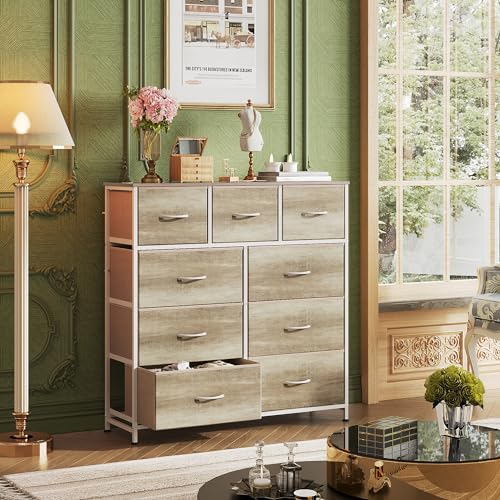 WLIVE Tall Dresser for Bedroom, 9 Drawer Chest of Drawers, Greige - color: Greige