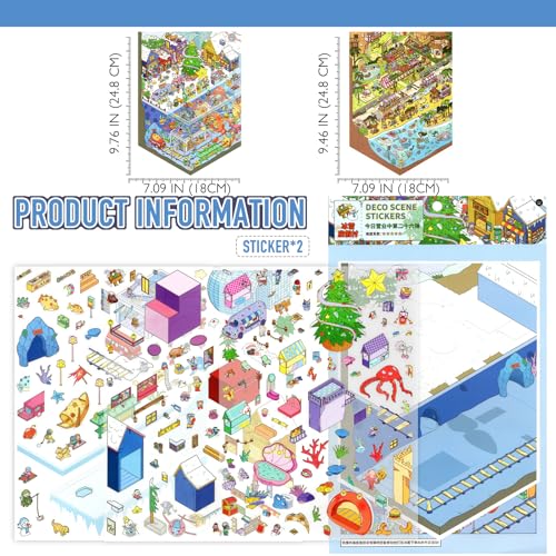 Large 2 Set Holiday Village 3D Miniature Scene Stickers for Adult - color: Holiday Village-large 2 Set