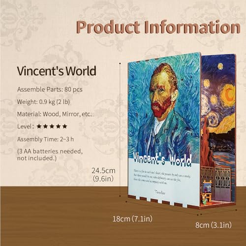 Tonecheer DIY Book Nook Kit for Adults,3D Wooden Puzzle Bookend Bookshelf Insert Library Decor, Booknook Miniature House Kit with Body Motion Sensor LED Light (Vincent's World) - color: Vincent's World