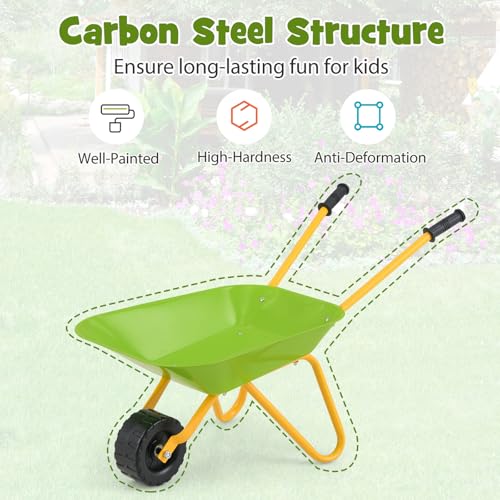 Costzon Kids Wheelbarrow, Metal Construction Toys Kart, Child Wheel Barrel w/Non-Slip Handle, Wearable Wheels, Yard Rover Steel Tray, Tote Dirt/Leaves/Tools in Garden for Toddlers (Light Green) - color: Green, size: 29" x 14" x 17"( L x W x H )
