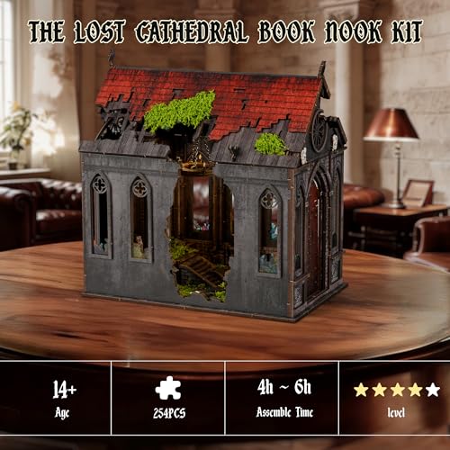 NookMaster Book Nook Kit, Lost Cathedral 3D Wooden Puzzle with LED Lights - color: Lost Cathedral