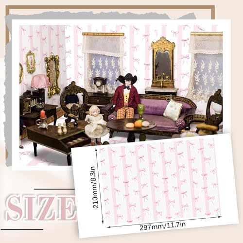 Flutesan 12 Pcs Miniature Dollhouse Wallpaper, Pink Bow - style: Pink Bow