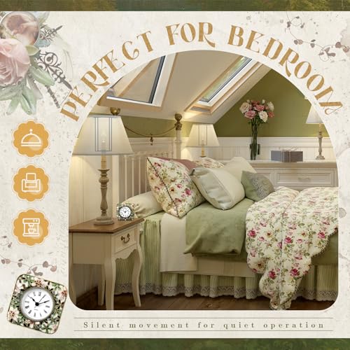 Kenning Vintage Mini Table Clock, 3.5 Inch Small Decorative Metal Non Ticking Analog Quartz Battery Operated Table Top Clock for Living Room Bedroom Bedside Desk Decor(Flower) - style: Flower