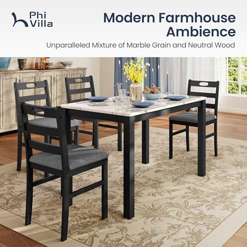 PHI VILLA Dining Table Set for 4, Marble Design Kitchen Table and Chairs - color: Venatino White Marble&gray