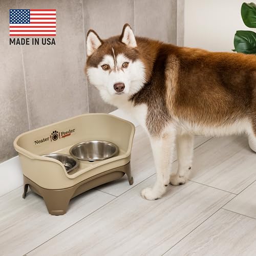 Neater Feeder - Express Model w/Slow Feed Bowl - Mess-Proof Dog Bowls (M/L, Cappuccino) Made in USA –Elevated, No Spill, Non-Tip, Non-Slip, Raised Stainless Steel Food/Water Pet Bowls Aid Digestion - color: Cappuccino, size: Medium to Large w/ Metal Slow