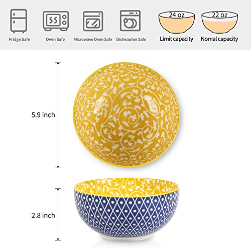 Selamica Ceramic Cereal Bowls Set of 6, 24 Oz Deep Soup Bowls for Kitchen - color: Assorted Colors, size: 5.9 Inch