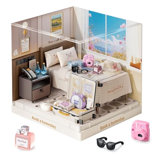 Cozy Hotel Room Super Miniature House Kit - DIY Plastic 3D Model Building Set for Teens, Build Your Own Warm Hotel Bedroom Scene with Travel Accessories, Creative Craft Gift for Girls Women - color: Book a Homestay, size: Small