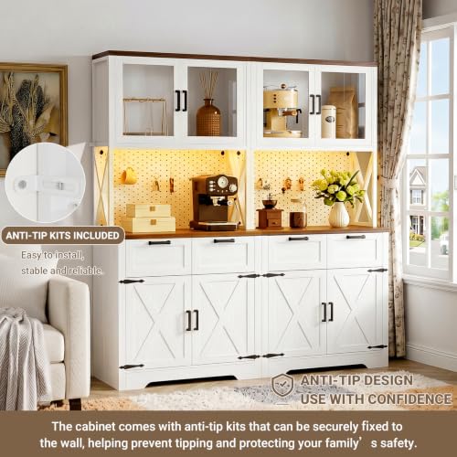Unikito 71" Kitchen Pantry Cabinet with LED Light & Outlet, Microwave Stand - color: White+rusitc, size: 63 Inch