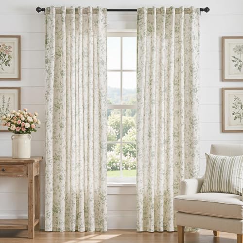 jinchan Linen Curtains 84 inch Green Floral Farmhouse Rod Pocket 2 Panels - color: Amlie Green, size: 50"W x 84"L (Pack of 2)