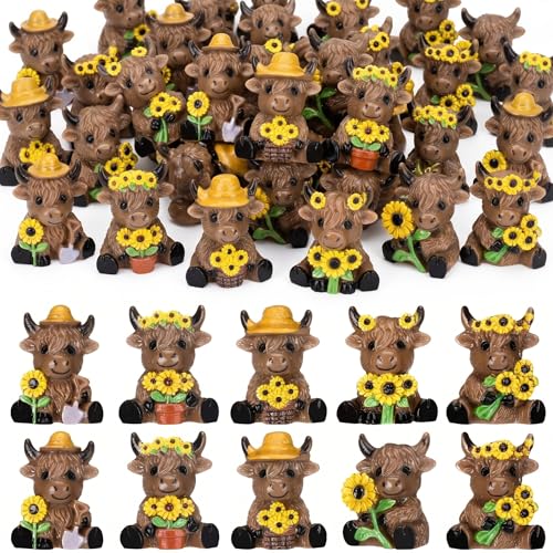 Yaomiao 60 Pcs Mini Fall Highland Cow Figurines Mini Sunflower Resin Cow - style: Sunflower
