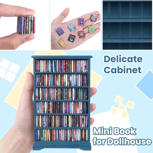 Mini Bookshelf with 180pcs Mini Books Miniature Blue Bookshelf Ornament - style: Mini Books with Blue Bookshelf