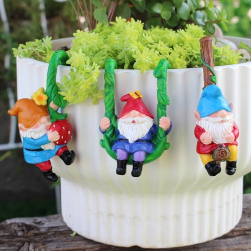 Set of 3 Cute Climbing Gnome Figurines Flower Pot Hugger, Resin Hanging Gnomes Statue Outdoor Decor Fence Ornaments for Patio Lawn Garden Yard (Swing Gnome) - color: Swing Gnome