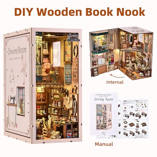 fifijoy Book Nook Kit - DIY Miniature House Dollhouse Kit for Adults and Teens, Booknook Tiny House Bookshelf Decor 3D Wooden Puzzle, Gifts for Family Friends (Sewing Room) - color: Sewing Room