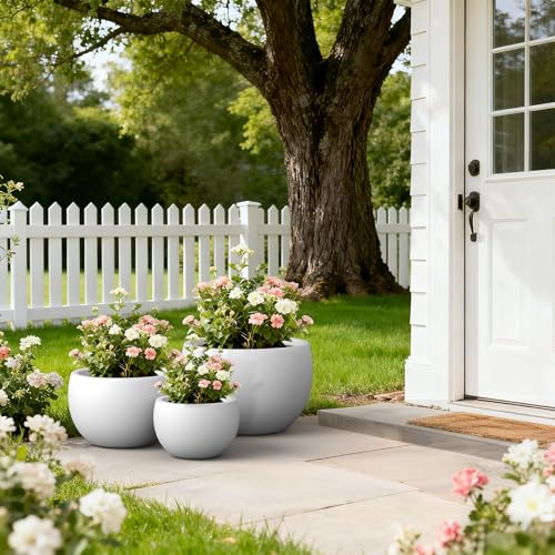 Kante Set of 3 White Concrete Bowl Planters 20" 15.7" 11.8" Dia - color: Pure White, size: 19.9"D + 15.7"D + 11.8"D