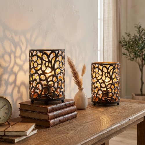 JHY DESIGN Set of 2 Battery Operated Lamps 6.5''H Metal Table Lamp Vintage Cordless Lights with 6-Hours Timer Fairy Lights for Home Decor Living Room Bedroom Wedding Indoor Outdoor(Black)