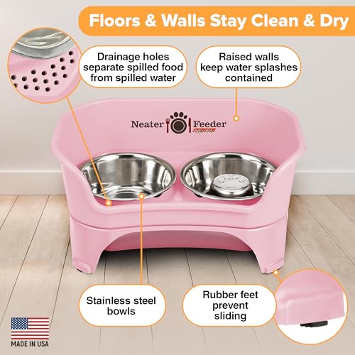 Neater Feeder - Express Model w/Slow Feed Bowl - Mess-Proof Dog Bowls (M/L, Pink) Made in USA – Elevated, No Spill, Non-Tip, Non-Slip, Raised Stainless Steel Food/Water Pet Bowls Aid Digestion - color: Pink, size: Medium to Large w/ Metal Slow Feed Bowl