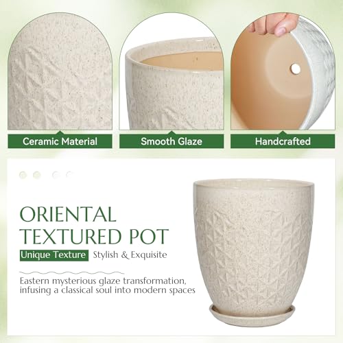 9.5 Inch Flower Pots for Indoor Plants,Ceramic Planter with Saucer Drainage Leak-Proof Mesh Gardening Gloves(Silk-White) - color: Silk-white, size: 9.5 Inch