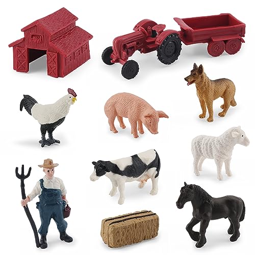 MEMOVAN Realistic Mini Barn Farm Figures Toys Tractor Playset Plastic Farm Animals Figurines Farmer Cake Toppers Farmer Vehicle Toy Truck with Trailer for 3-12 Years Old Kids Boys Girls Toddler - color: Farm