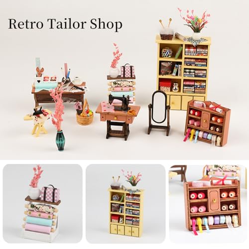 DIY Miniature Dollhouse Kit, Mini House Making Kit w/LED, Tailor's Shop